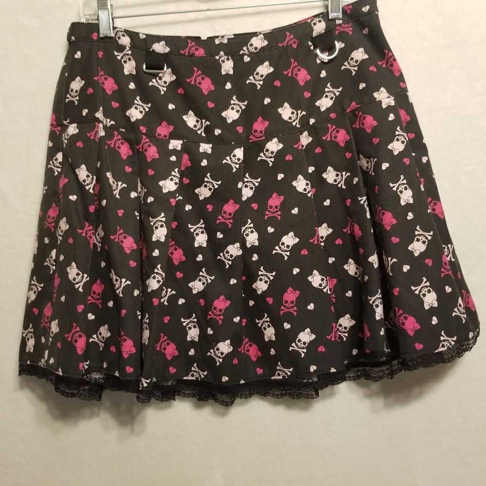Hot Topic Black Mini Skirt with Pink and White Skull Print
